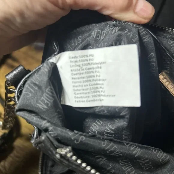 Steve Madden Black Faux Leather Crossbody Bag Purse Handbag Pocketbook W/Chain - Picture 9 of 14